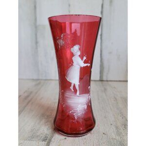 Mary Gregory glass red painted girl tree floral vase flower vintage